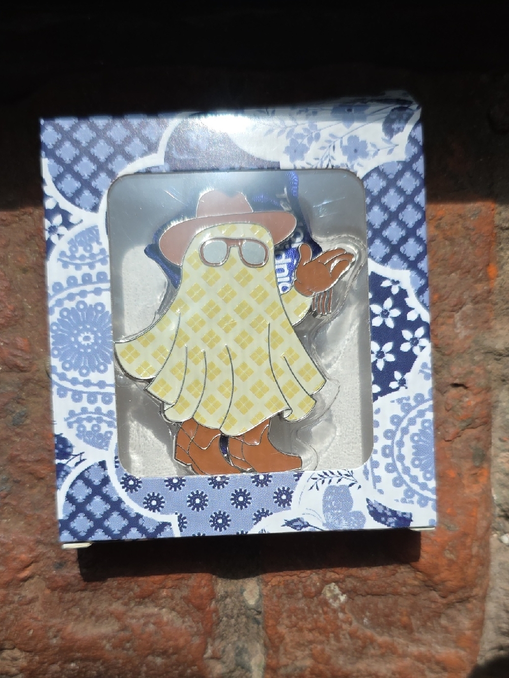 Yellow Plaid Ghost Enamel Pin with Brown Hat & Boots